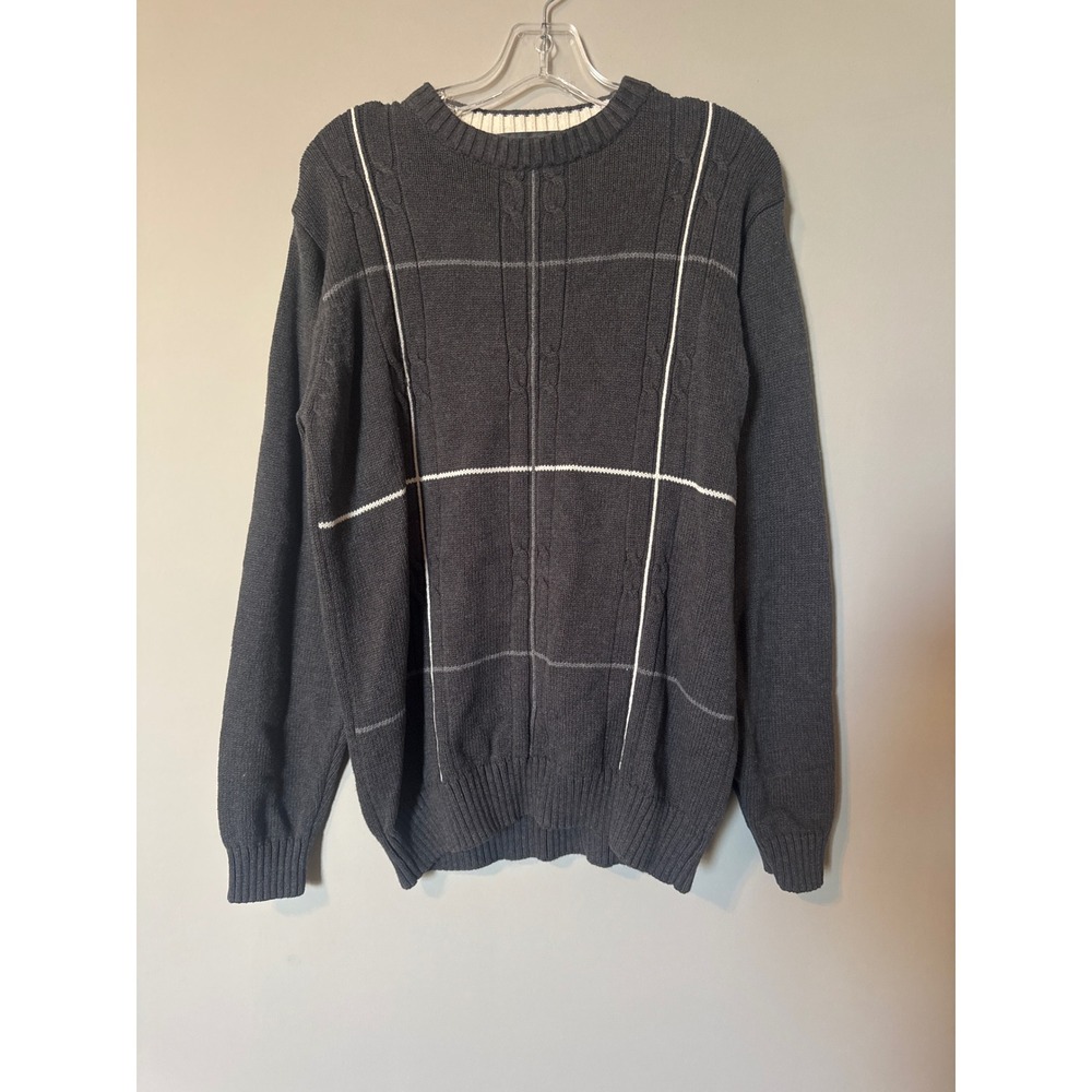 Oscar de la Renta Mens Grey Cotton Windowpane Plaid Crewneck Sweater Large